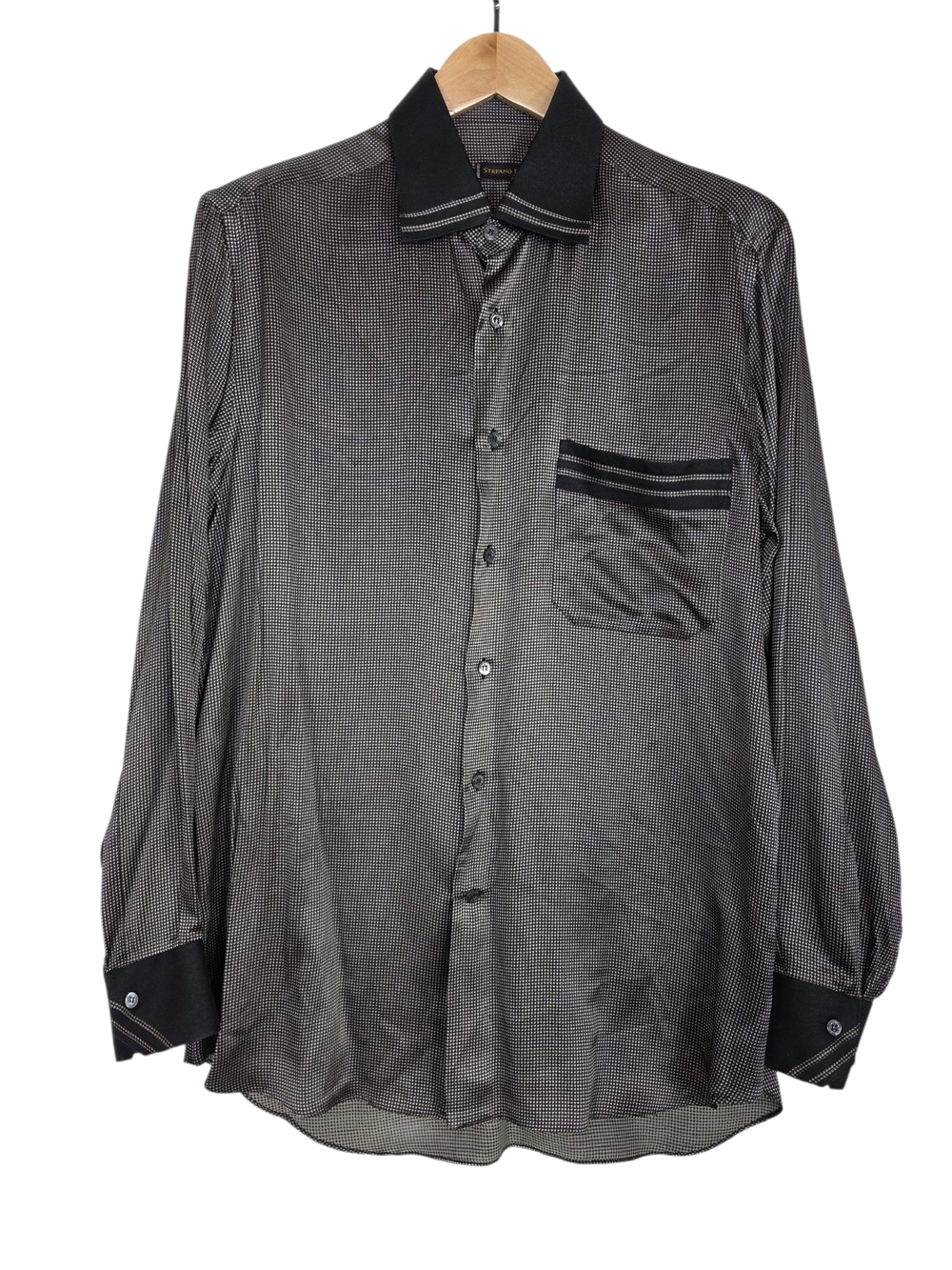 Stefano Ricci Handmade 100% Silk Black and Brown Houndstooth button Dress Shirt